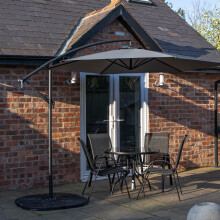 4 Person Round Glass Top Dining Table Chairs With Grey Banana Parasol and Base