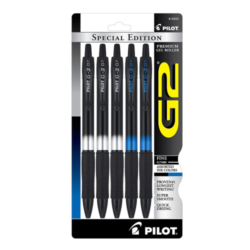 Pilot Pilot G2 Special Edition Retractable Gel Pens, Fine Point, Black/Blue Ink, 5/Pack