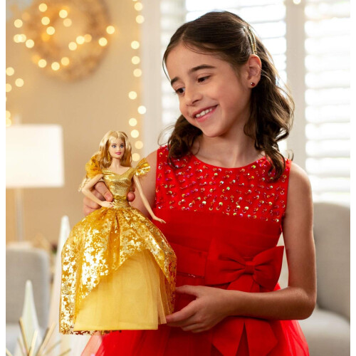 Barbie Boneca Barbie Signature 2020 Holiday Barbie (cabelo longo loiro de 12 polegadas) em vestido dourado com suporte para boneca e presente com certif 1
