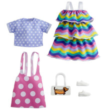 Barbie Fashions 2-Pack Clothing Set 2 Outfits Doll Include Pink Polka-Dot Jumper Purple Polka-Dot Top Striped Dress & 2 Accessories Gift for Kids