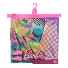 Conjunto de Roupas Barbie 2-Pack, 2 Vestidos com Calças Tie-Dye e Sweatshirt, Vestido Xadrez, Boné Azul e Ténis Rosa