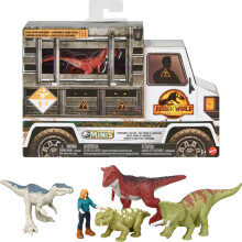 Mattel Jurassic World Dominion Carnotaurus Clash Pack 5 mini zabawek, w tym 1 figurka ludzka i 4 dinozaury w pakiecie z motywem ciężarówki