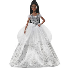 Bambola Barbie Signature 2021 Holiday (capelli castani intrecciati da 30 cm) in abito argentato con supporto per bambola e certificato di autenti
