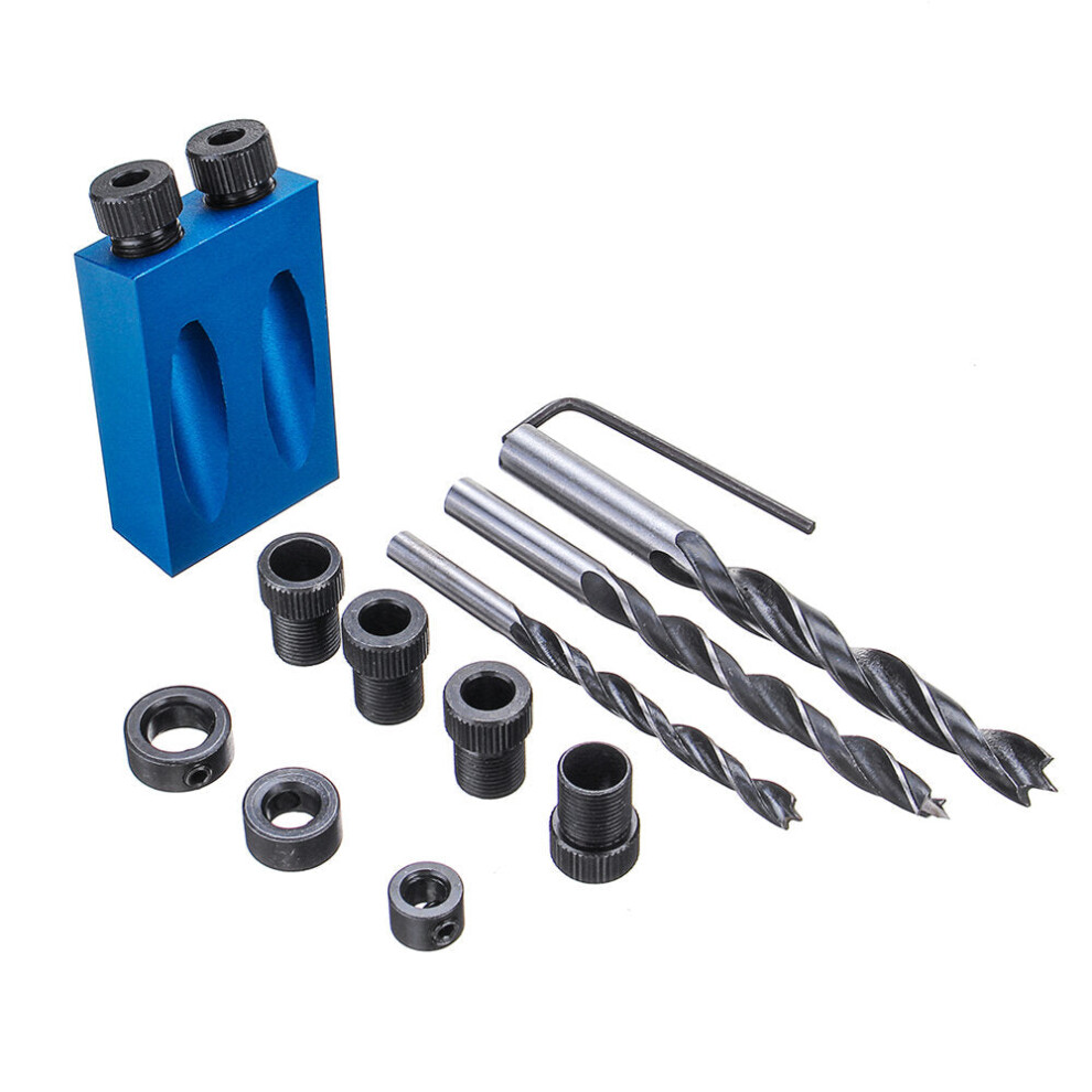 Aluminum Alloy Drill Guide Set with 15 Angle, 6/8/10mm Bits for Woodworking - Adjustable Hole Locator, Blue/Black
