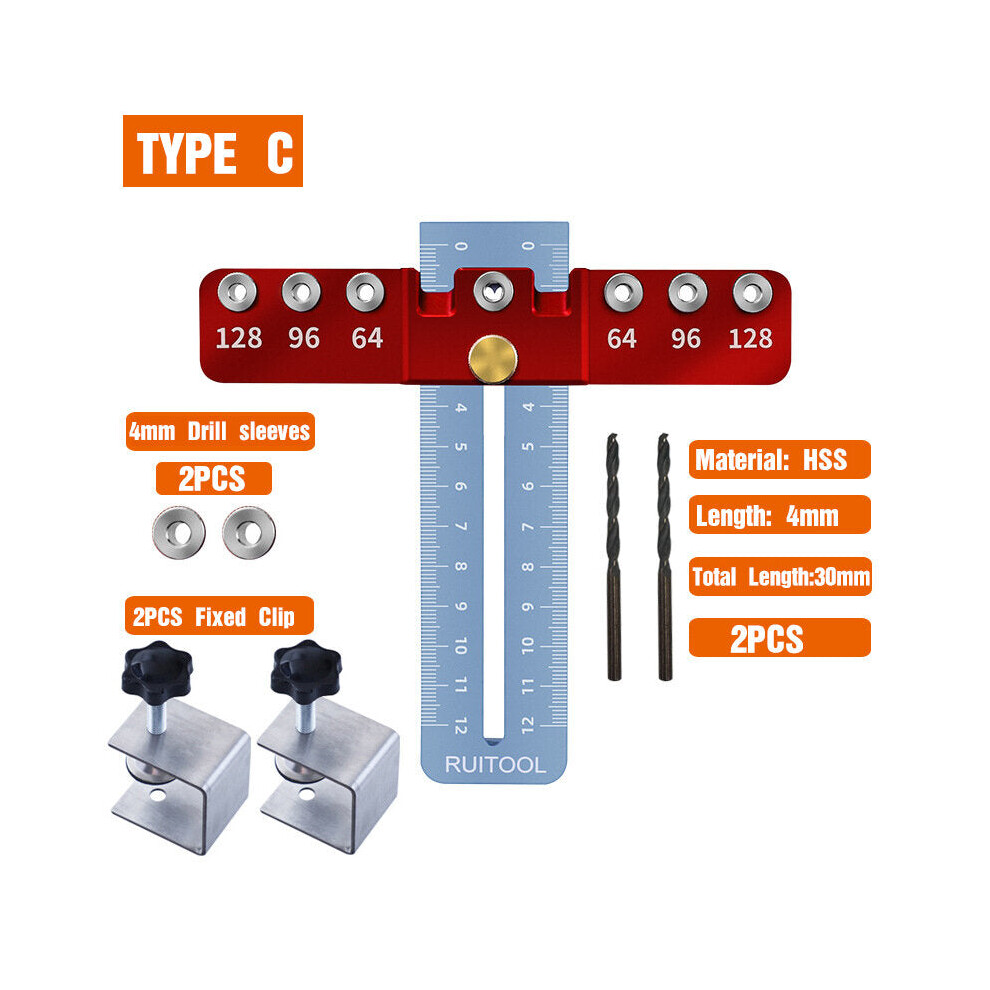 (C) Adjustable Aluminum Alloy Handle Punch Locator with 4mm Drill for Metal, Fits 64/96/128mm Hole Distances