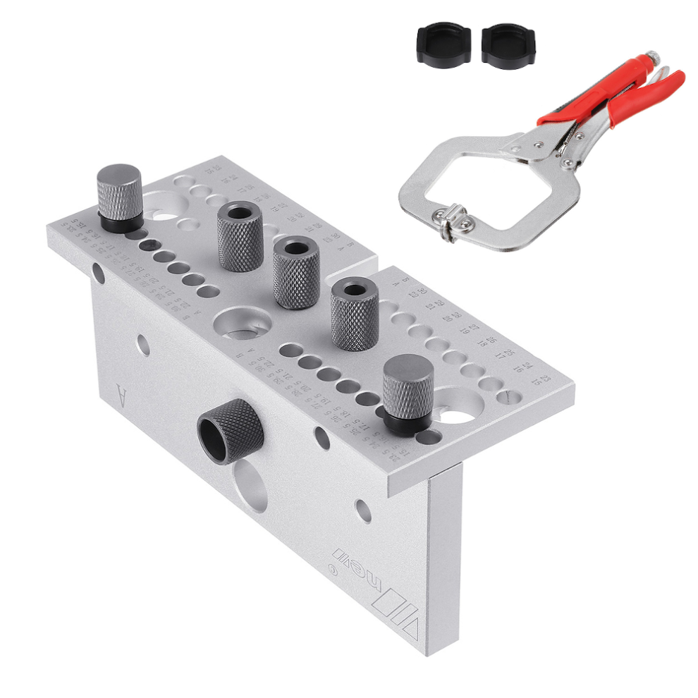 (Regular+C-type Clamp) 3 in 1 Woodworking Hole Punch Guide Dowel Jig for 15-30.5mm Thickness - Aluminum Alloy, Ergonomic Design, Silver/Black