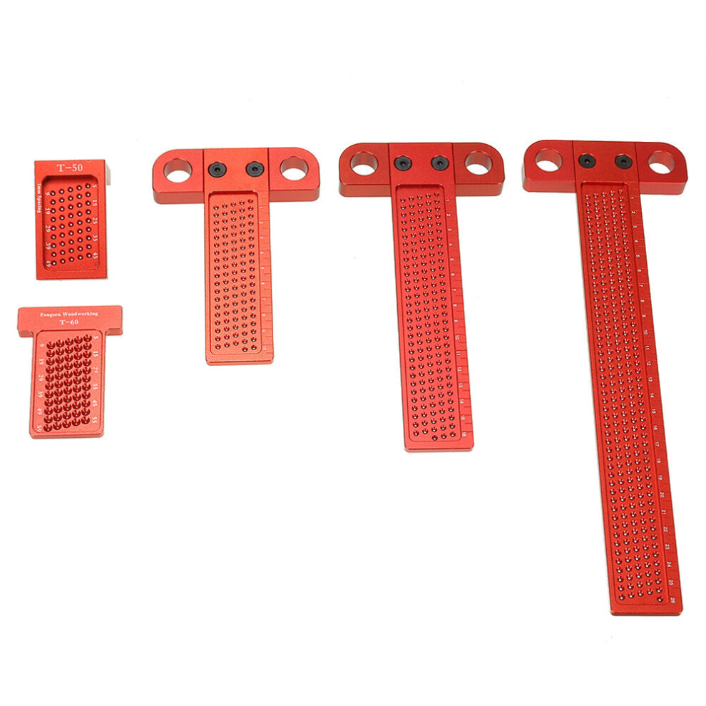 (T160) Aluminum Alloy Woodworking Scriber T-Type Ruler with 1mm Holes, Sizes T50/60/100/160/260, Red