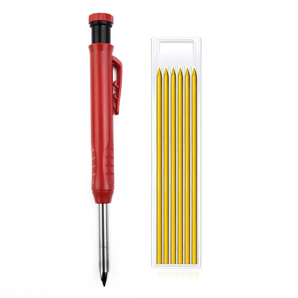 (Red pen shell + Yellow refill) Mechanical Pencil with Sharpener Cap, Non-Slip Grip, Ideal for Carpenters, Engraving, and Scribing - 14.5cm Length