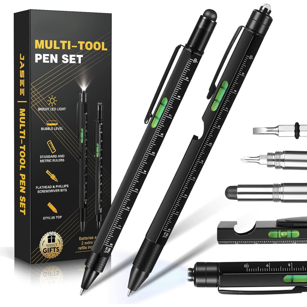 (Black) 9-in-1 Multifunctional Pen with LED Light, Stylus, Screwdriver, Ruler, and More - Perfect Gift for DIY Enthusiasts