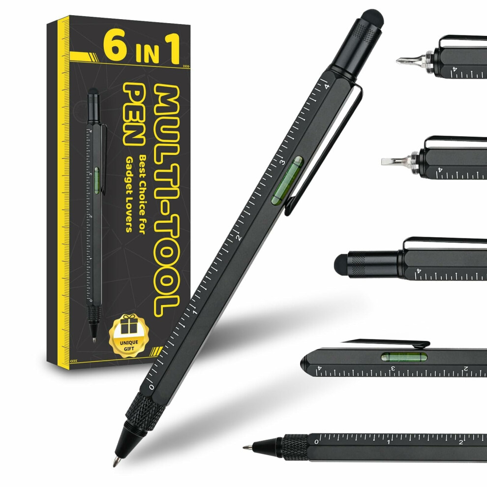 (Black) 6-in-1 Multitool Pen - Ballpoint, Stylus, Ruler, Screwdrivers, Level - Durable Aluminum, Gift Boxed, Ideal for DIY & Crafts