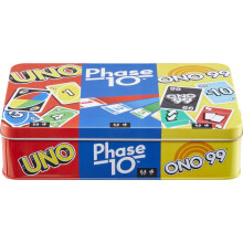 Mattel Spel Set med 3 Kortspel: UNO, Phase 10 & ONO 99, Resespel för Barn & Familjekväll med Förvaringslåda