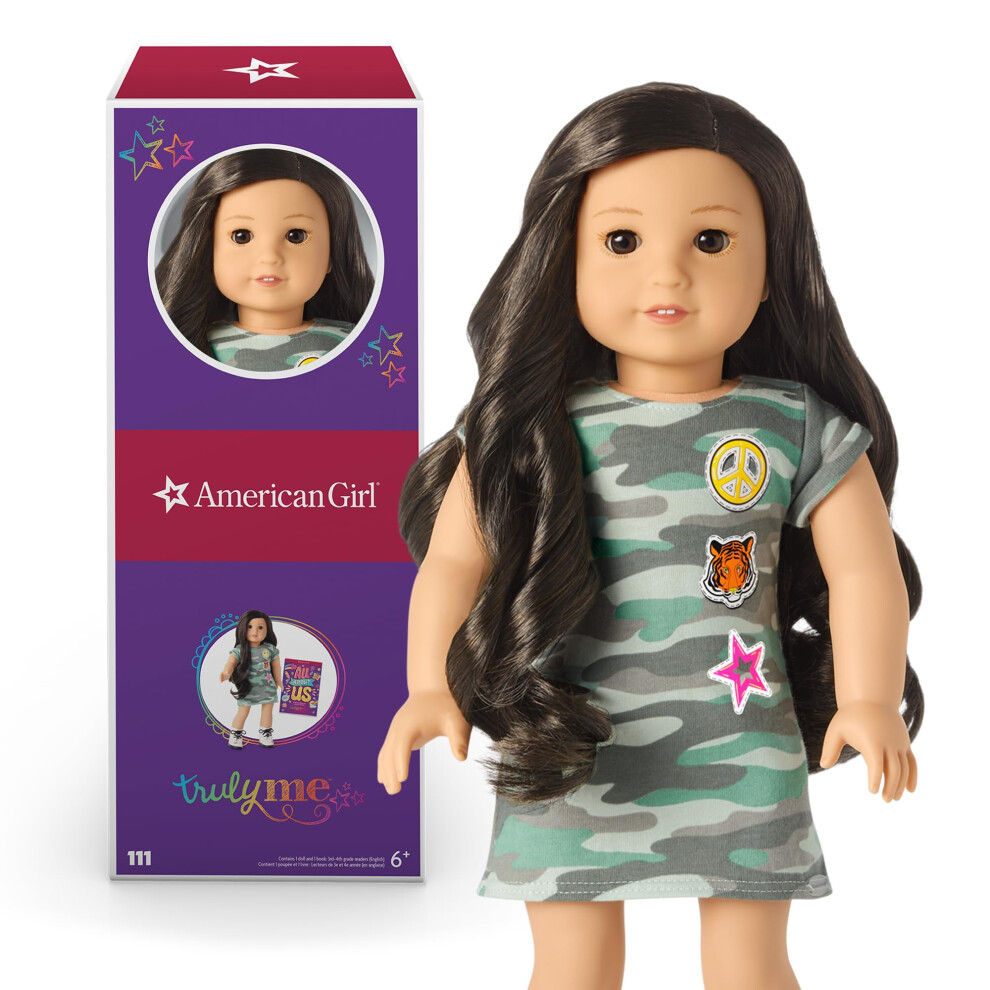 Poup E American Girl Truly Me 18 Pouces N 111 Aux Yeux Marron, Cheveux Noirs-Bruns, Peau Claire, Robe T-Shirt Camouflage, Pour Les 6 Ans Et Plus-image