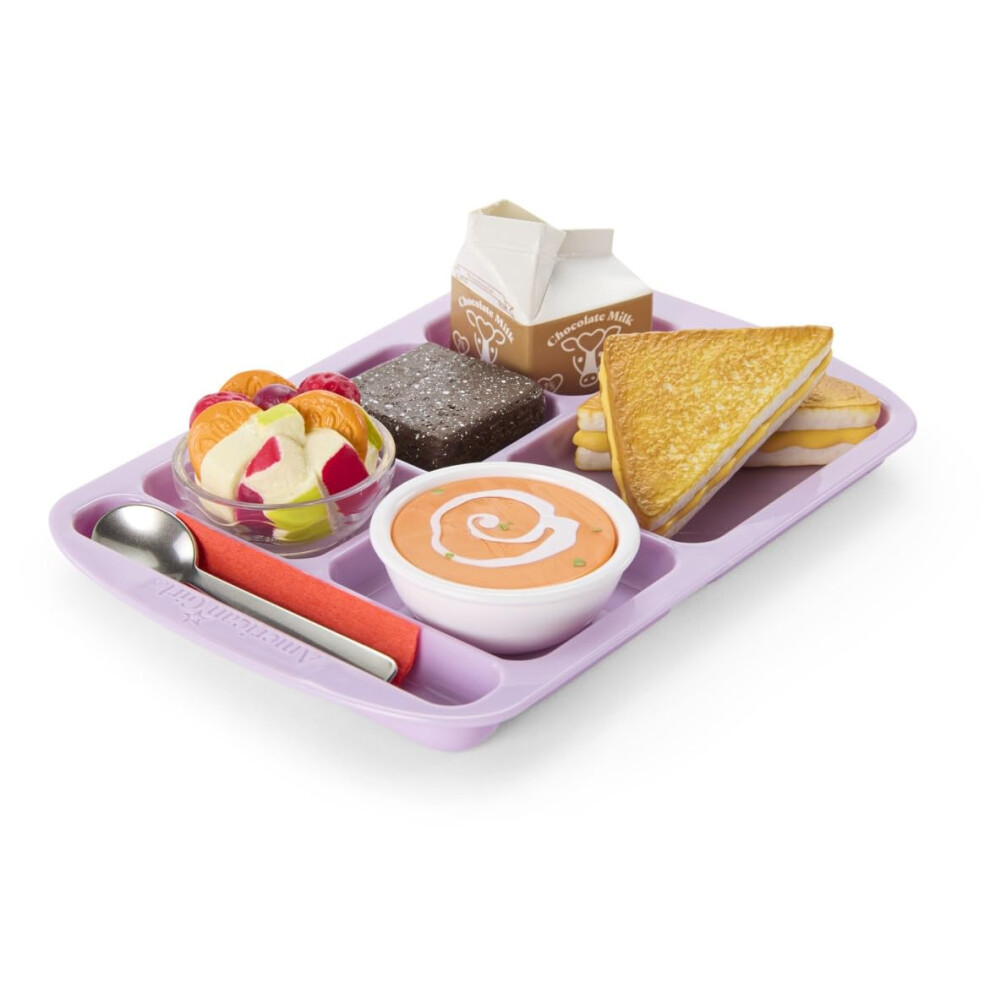 American Girl Truly Me Hungry For Hot Lunch 8-Piece Set For 18-Inch Dolls With A Lavender Hot-Lunch Tray, Two Triangular Halves Of A Grilled Cheese Sandwich, And Bowl Of Tomato Soup Ages 6+-image