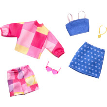 Conjunto de Roupas Barbie com 2 Trajes para Boneca, Inclui Saia e Calções em Rosa e Azul, 2 Tops e 2 Acessórios