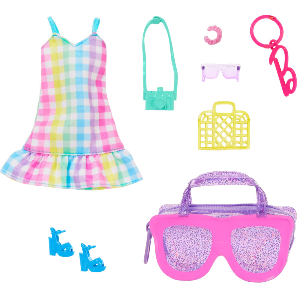 Ropa Y Accesorios De Barbie: Bolso De Lujo Con Forma De Gafas De Sol Y Llavero, Vestido De Cuadros Multicolor Y Accesorios Veraniegos Para Mu Eca-image