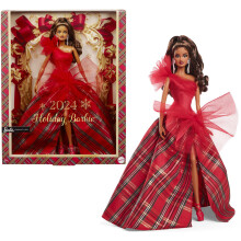 Boneca Barbie 2024 de Natal, Brinquedo Colecionável, Vestido Xadrez com Laço Vermelho