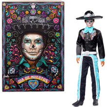 Barbie Día de Muertos 2024 Boneca colecionável Ken Signature em terno preto com detalhes em azul celeste, chapéu e cinto, HRM73