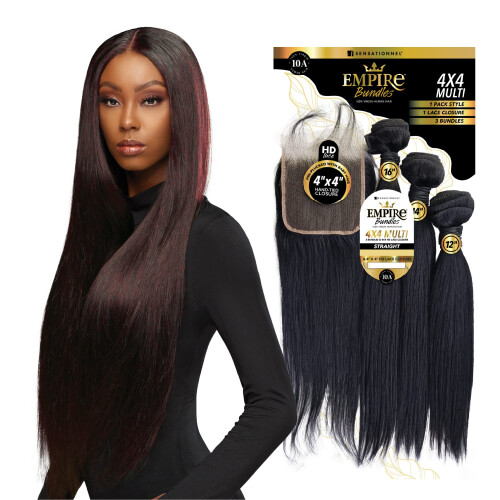 Pacote Sensationnel Empire Multi - Liso com fechamento 4x4 10A cabelo humano sem emaranhados (16 18 20 Polegadas, NATURAL)