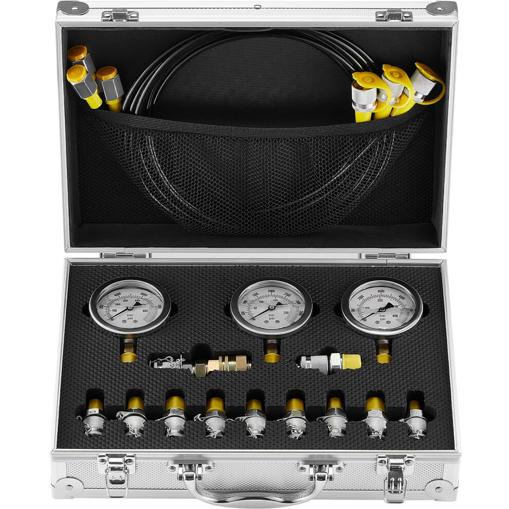 Hydraulic Pressure Test Kit  250/400/600bar  3 Gauges 11 Test Couplings 3 Test Hoses  Excavator Hydraulic Test Gauge Set with Portable Carrying Case f