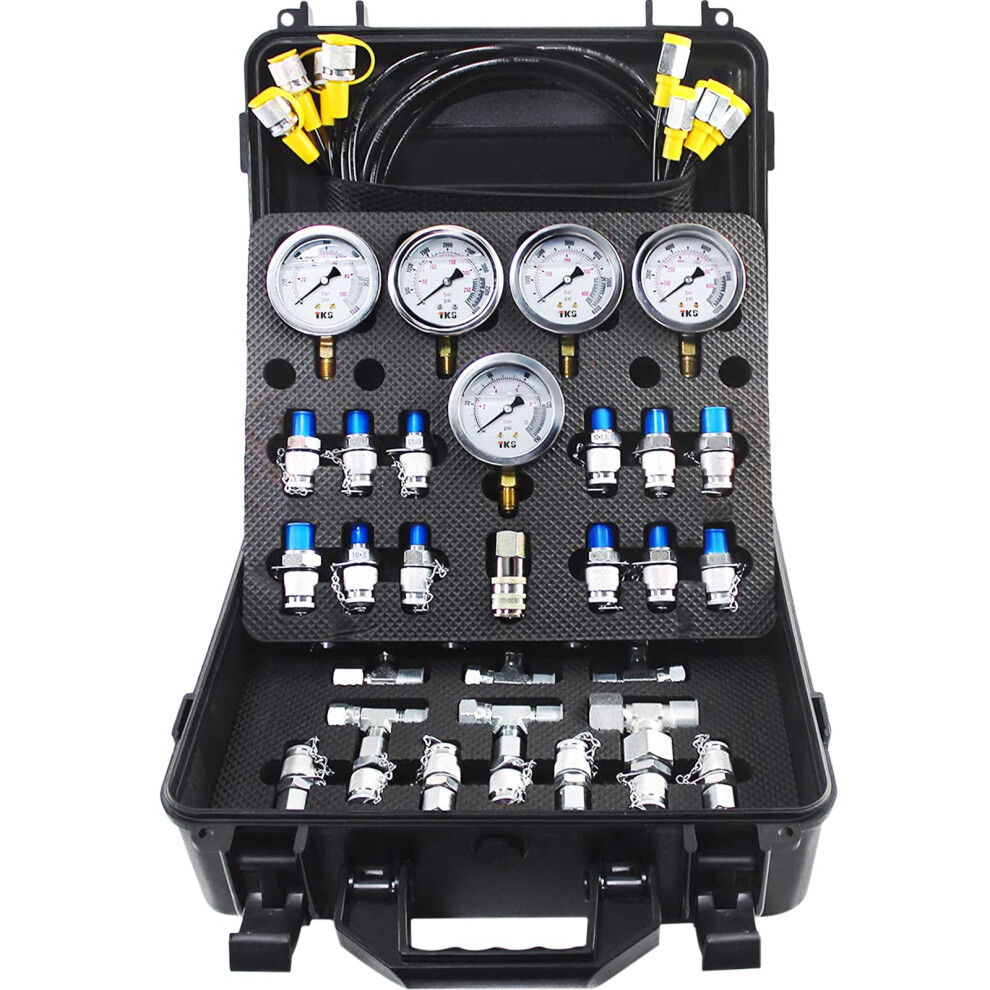 VEVOR Hydraulic Pressure Test Kit  10/100/250/400/600bar  5 Gauges 13 Test Couplings 14 Tee Connectors 5 Test Hoses  Hydraulic Gauge Kit with Sturdy C