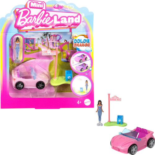 Barbie Conjunto de Mini Boneca Barbie e Veículo, Boneca de 1.5 polegadas e Carro Conversível com Surpresa de Mudança de Cor