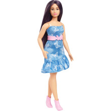 Boneca Barbie Fashionistas #231 com Cabelo Roxo, Vestido de Denim Sem Alças com Estampa de Borboleta