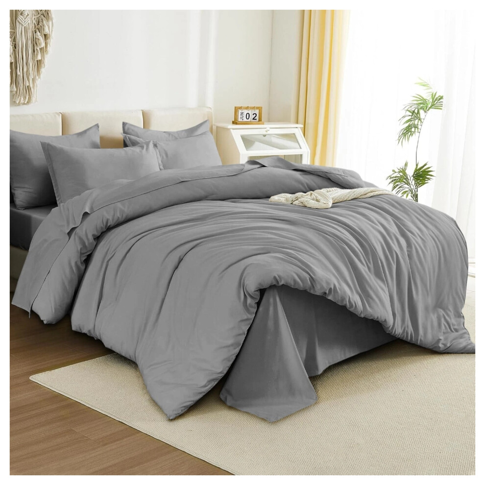 Imperial Rooms (Double Duvet Cover & Fitted Sheet, ) Plain Duvet Cover Set Fitted Sheets & Pillowcase Grey