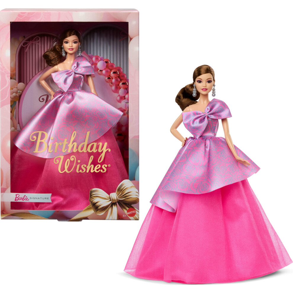 Barbie Signature Birthday Wishes, Bambola Da Collezione Con Abito Rosa Satinato E Capelli Ondulati Castani, In Confezione Regalo, JBJ08-image