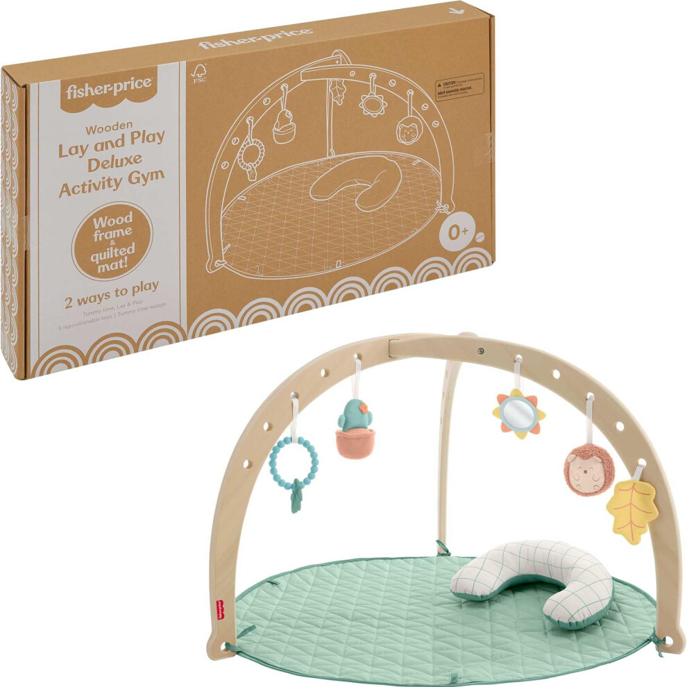 Fisher-Price Wood Baby Playmat Lay & Play Deluxe Activity Gym with Wooden Frame & Tummy Time Sensory Toys for Newborns 0+ Months