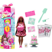 Barbie Party Unboxed Puppe & Zubehör, Pet Birthday ShimmerinHearts Set mit 10 Überraschungen
