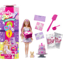 Barbie Party Unboxed Doll & Accessories Pet Birthday Series Geburtstagsschleifen-Set mit 10 berraschungen, einschlie lich Farbwechsel und Kuchen