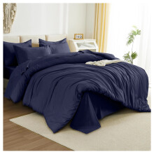 (Single Duvet Cover & Fitted Sheet, Navy Blue) Plain Duvet Cover Set Fitted Sheets & Pillowcase