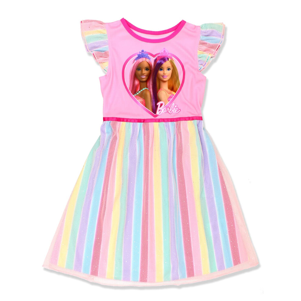 Barbie Girl's Rainbow Dress Up Fantasy Gown Nightgown Pajamas (6  Pink)