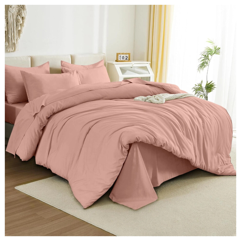 (King Duvet Cover & Fitted Sheet, Peach) Plain Duvet Cover Set Fitted Sheets & Pillowcase