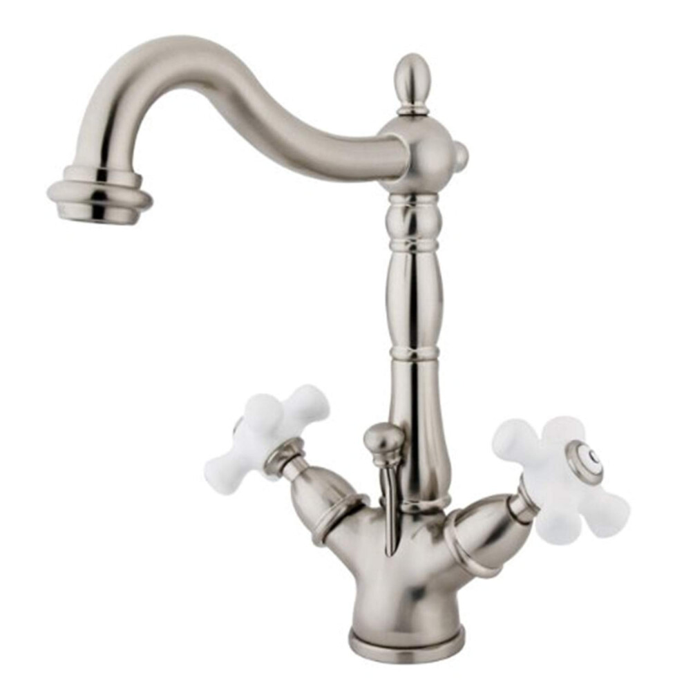 Kingston Brass Ks1438px Deck Mount Lavatory Faucet With Porcelain Cross Handle And Brass Pop-Up 8-1/4"""" Brushed Nickel 663370020483