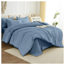 (King Duvet Cover & Fitted Sheet, Washed Blue) Plain Duvet Cover Set Fitted Sheets & Pillowcase