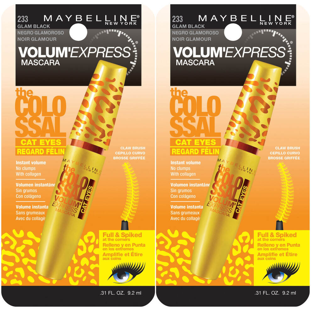 Maybelline New York Volum' Express The Colossal Cat Eyes Washable Mascara Makeup  Glam Black  2 Count  Washable Glam Black