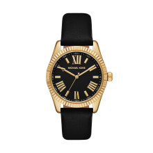 Michael Kors Women's Lexington tre-hand guld rostfritt stål och svart läderband klocka (modell: MK4748)
