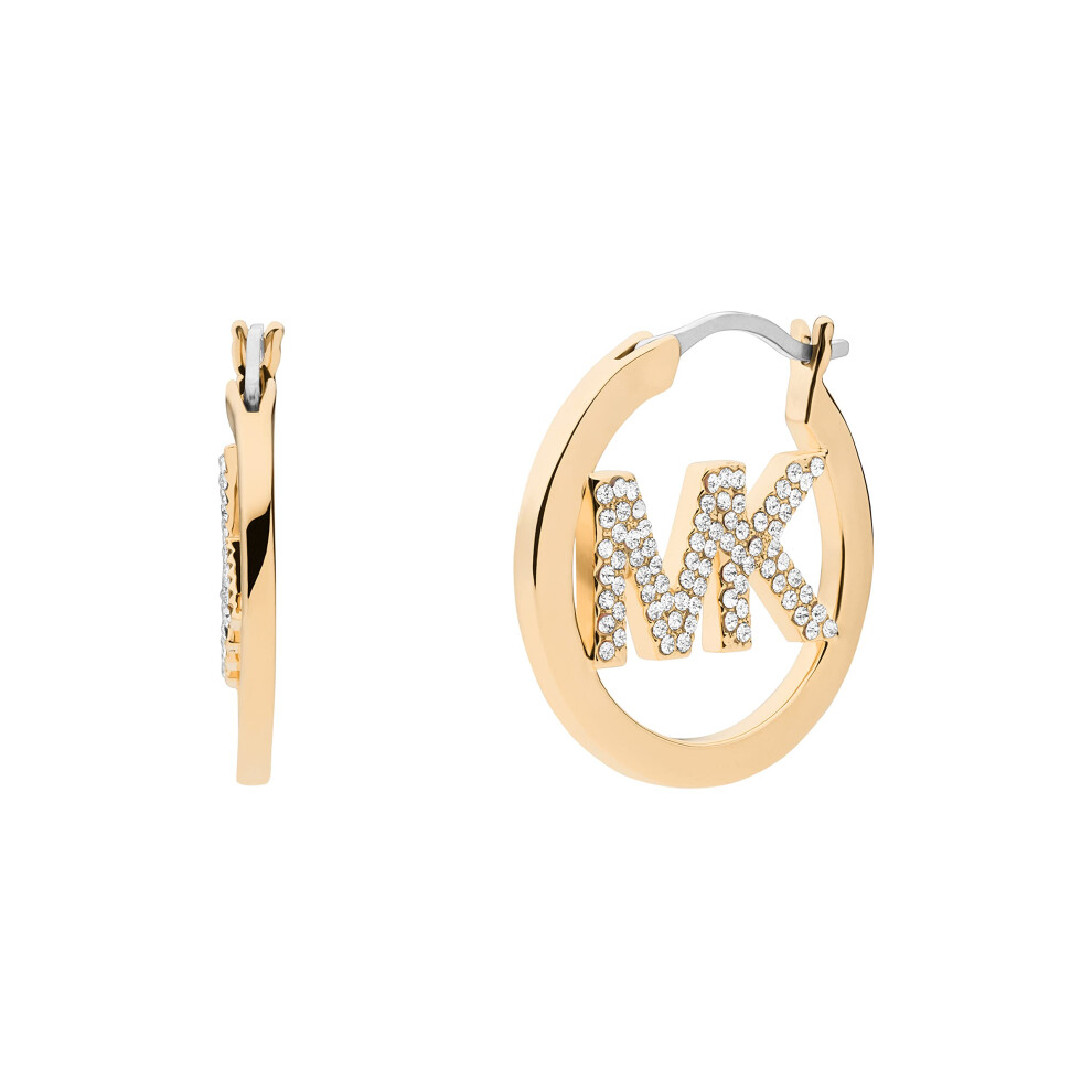 Michael Kors Brass and Pav? Crystal MK Logo Hoop Earrings for Women  Color: Gold (Model: MKJ7635710)