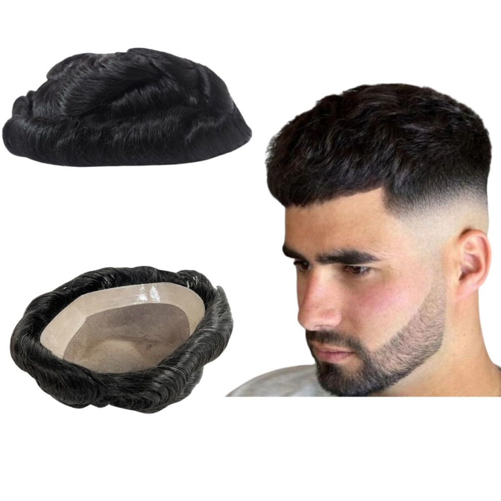 Unisex Toupee For Men Human Hair Mono Base With Npu Around Hair Units - Curly Wave Mens Wigs Real Human Replacement System - Freestyle Natural Wig #1B Off Bl