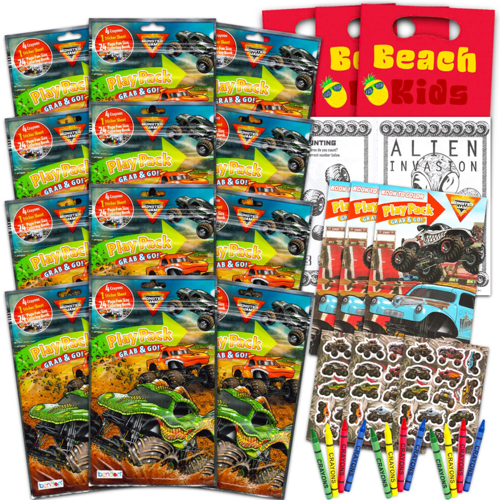 Monster Jam Party Favors Set - Bundle With 12 Monster Truck Play Packs With Coloring Pages Stickers Loot Bags And More (Birthday Party Supplies)