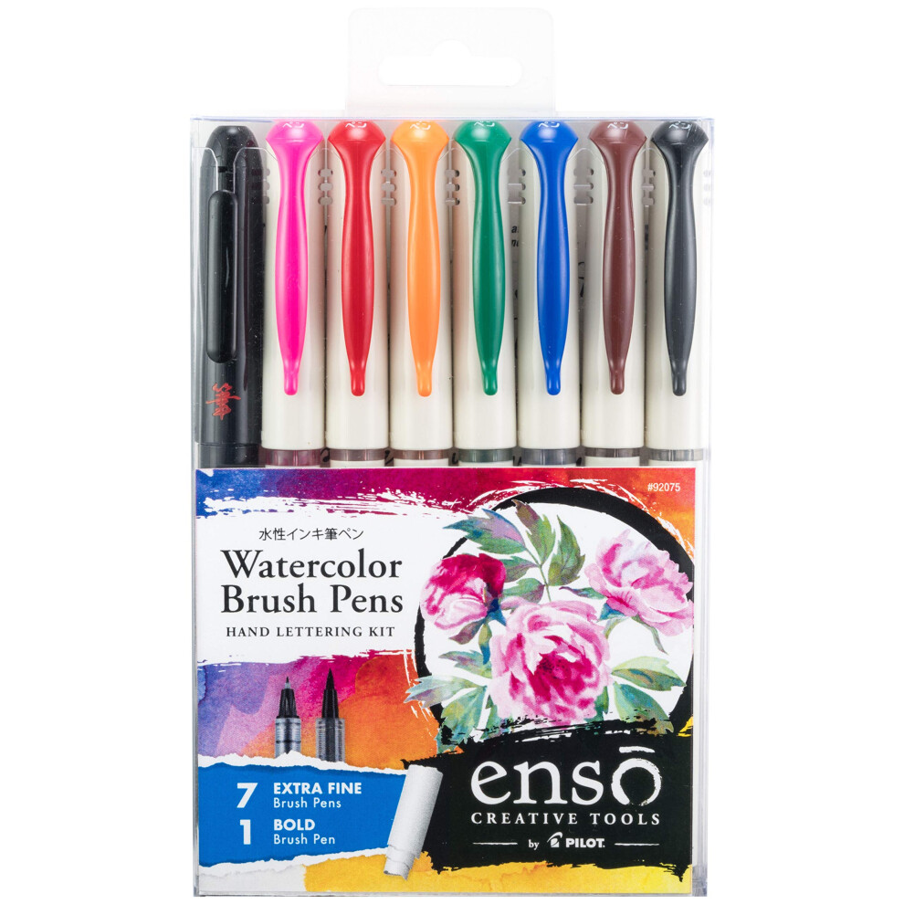 PILOT Enso Artful Writing & Coloring Collection Watercolor Brush Pen Set  7 Extra Fine Tip Pens & 1 Bold Brush Pen  Assorted Colors (92075)