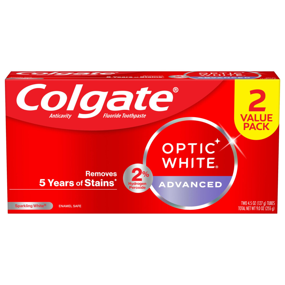 Colgate Optic White Advanced Teeth Whitening Toothpaste  2% Hydrogen Peroxide Toothpaste  Sparkling White  4.5 Oz  2 Pack