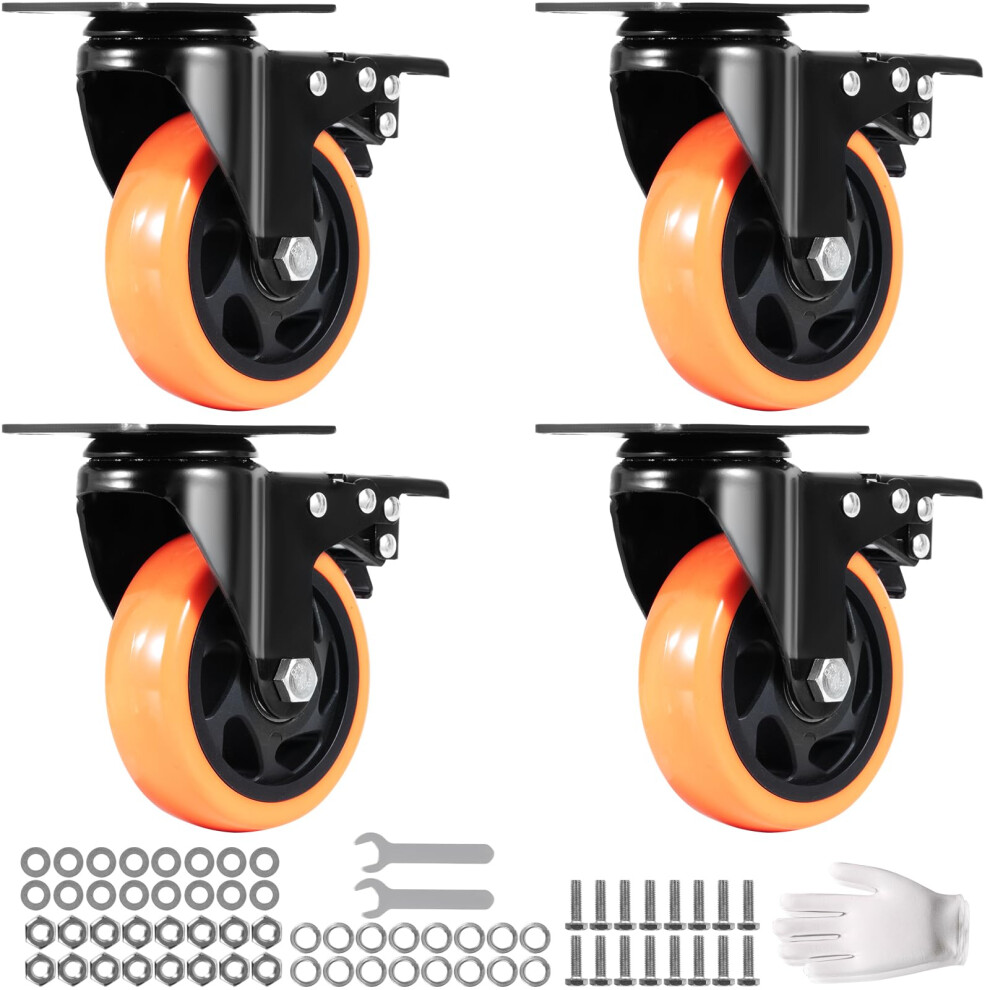 VEVOR Caster Wheels  4-inch Swivel Plate Casters  Set of 4  with Security A/B Locking No Noise PVC Wheels  Heavy Duty 1400 lbs Load Capacity  Non-Mark