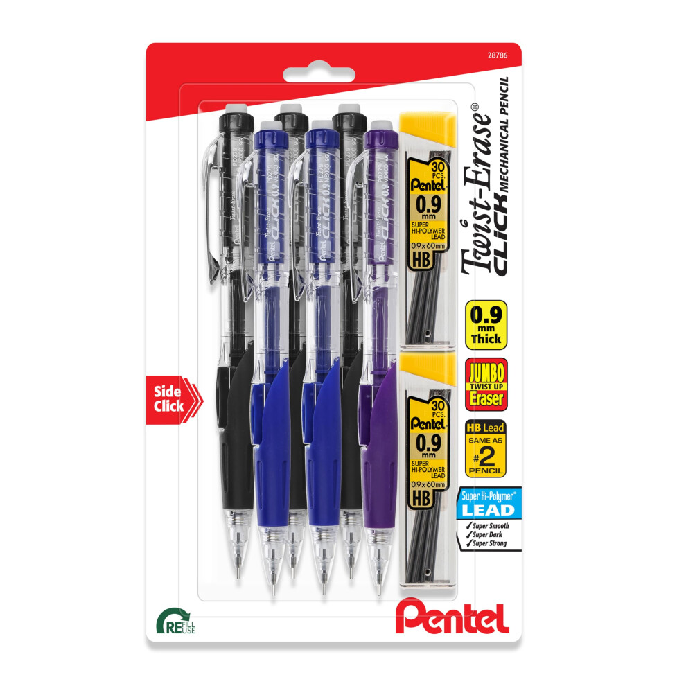 Pentel Twist-Erase Click Mechanical Pencil  (0.9mm)  Pack of 6 Pencils with 2 Pack of Lead Refills (PD279TLBP6M)