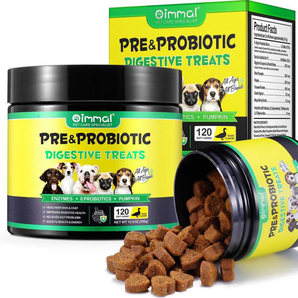 Oimmal 120 Probiotic Dog Chews, Pre & Probiotics Treats For Healthy Digestion