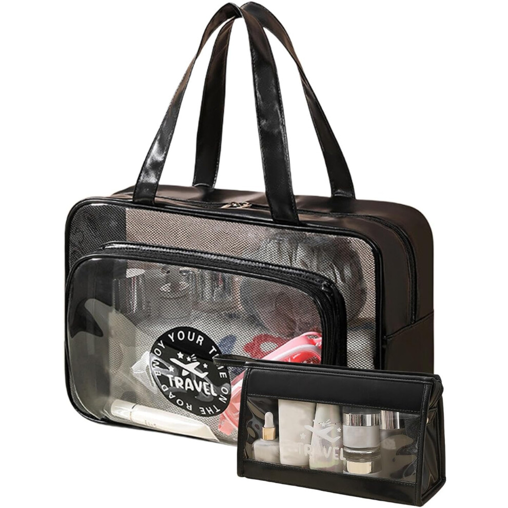 (Black) Clear Toiletry Bag - Wet/Dry Separation PVC Makeup Bags | Portable Toiletry Cosmetic Bags, Transparent Travel Makeup Cosmetic Bag, Clear Makeup