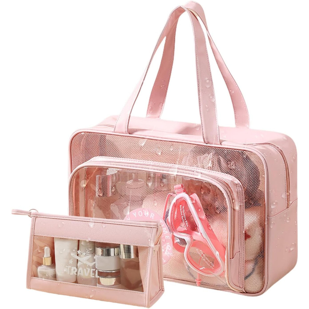 (Pink) Clear Toiletry Bag - Wet/Dry Separation Pvc Makeup Bags | Portable Toiletry Cosmetic Bags, Transparent Travel Makeup Cosmetic Bag, Clear Makeup Pink