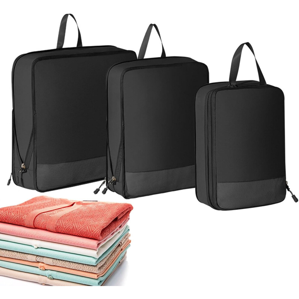 (C, Three-piece Set (Black)) Travel Compression Packing Cubes | Organizer Luggage Compressible Pouch,Storage Travel Luggage Bags Organizers, Travel Ac