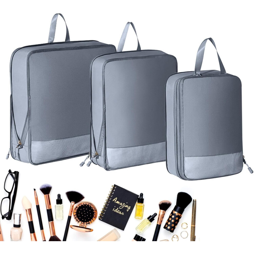 (B, Three-piece Set (Beige)) Travel Compression Packing Cubes | Organizer Luggage Compressible Pouch,Storage Travel Luggage Bags Organizers, Travel Ac